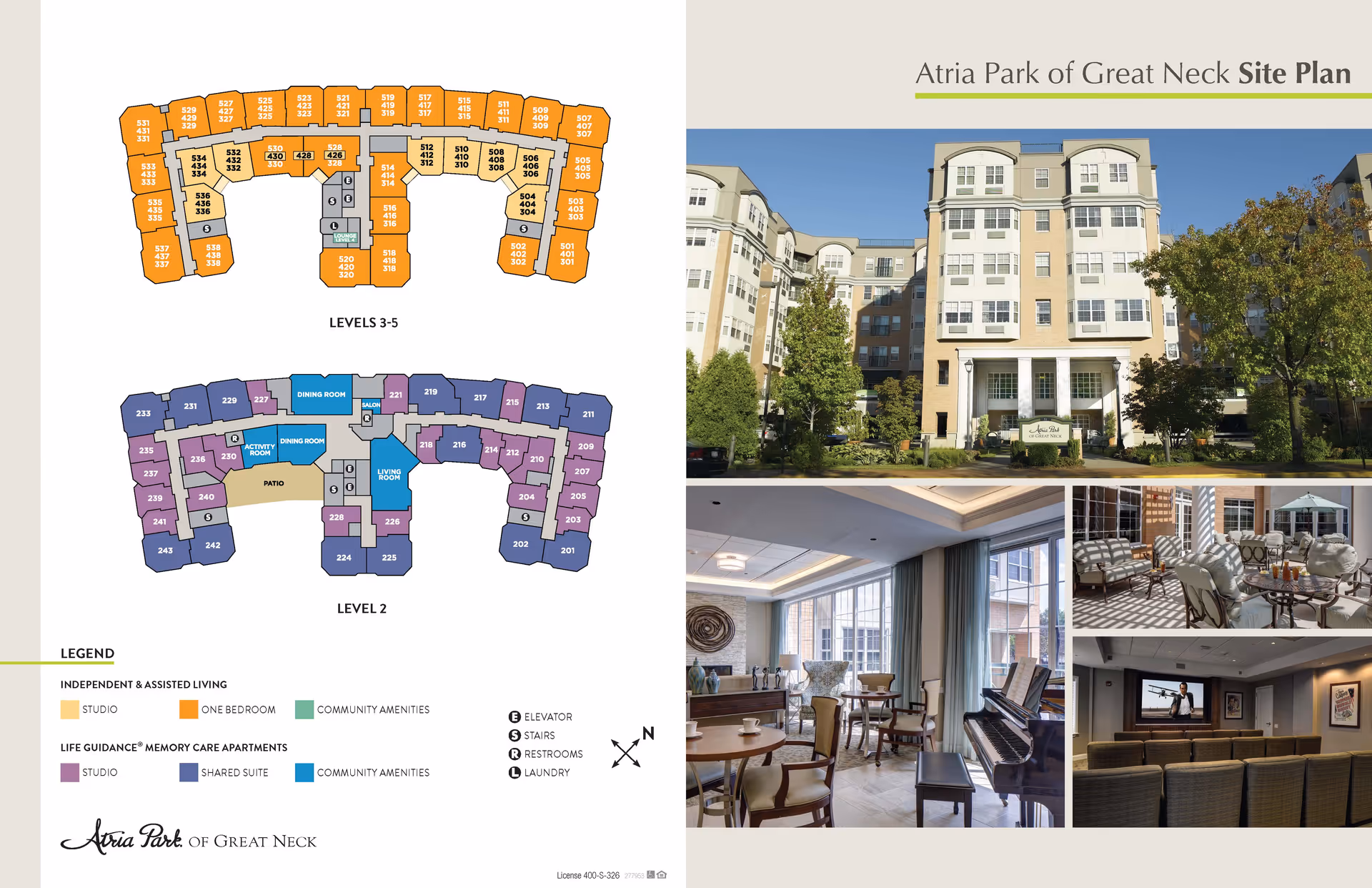 Site plan and photos of Atria Park of Great Neck senior living facility. The left side shows a detailed floor plan for levels 2 through 5, color-coded by apartment type and community amenities. The right side features four photos: the exterior front view of the building, a bright common room with a piano and seating, an outdoor patio with tables and chairs, and a theater-style room with a large screen and rows of seats.