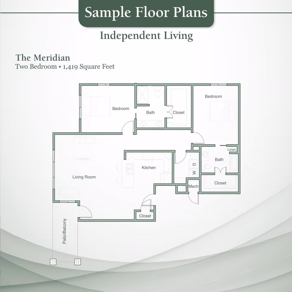 Floor plan for The Meridian, a two-bedroom independent living unit with 1,419 square feet. The layout includes two bedrooms, two bathrooms, a living room, kitchen, closets, a mechanical room, and a patio/balcony.