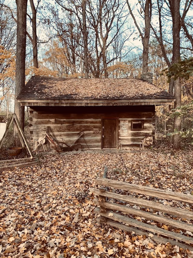 A rustic wooden cabin surrounded by trees with autumn leaves covering the ground and the roof. The cabin has a small door, a window, and various old farming tools leaning against its walls. A wooden fence is visible in the foreground.