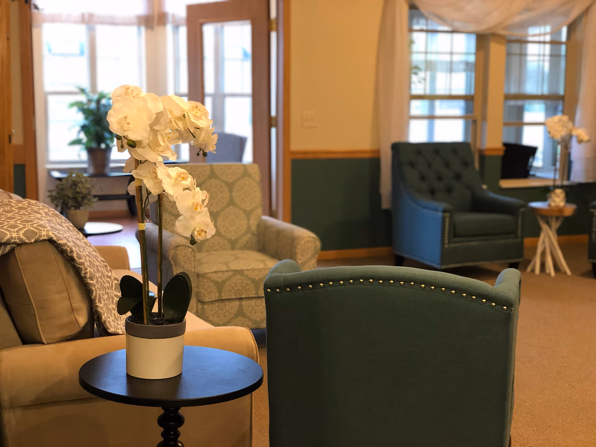 A cozy living room area with several upholstered armchairs in different patterns and colors, a small round black side table with a white orchid plant, large windows with white curtains, and warm lighting.