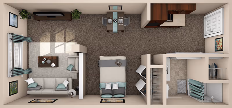 Top-down view of a studio apartment layout featuring a living area with a sofa, coffee table, and TV, a dining area with a table set for two, a bed with pillows and a throw, a kitchen with cabinets and appliances, and a bathroom with a shower and sink.