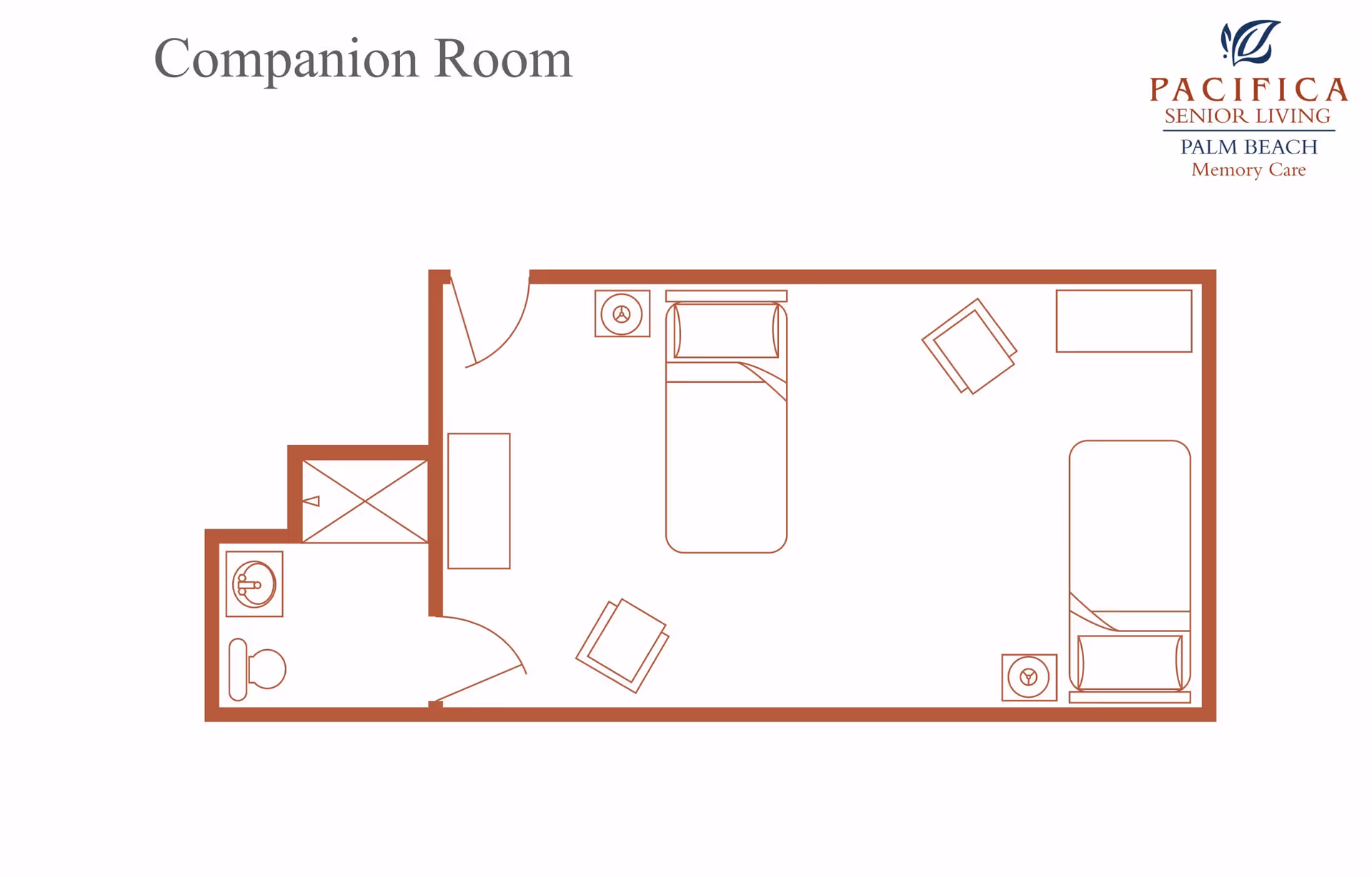 Floor plan of a companion room at Pacifica Senior Living Palm Beach Memory Care, showing two beds, two chairs, two nightstands, a small closet, and a bathroom with a toilet, sink, and shower.