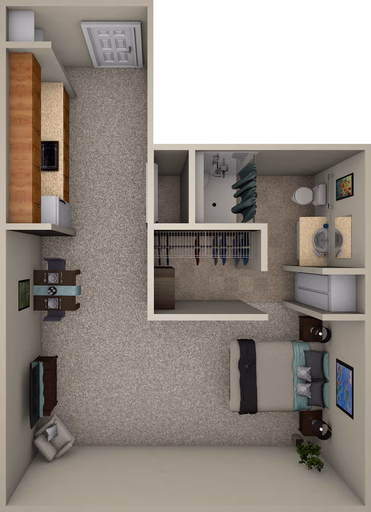 Top-down view of a studio apartment floor plan featuring a combined living and sleeping area with a bed, two nightstands with lamps, a chair, a TV on a stand, and a small dining table with two chairs. The kitchen area has cabinets, a countertop, a sink, and a refrigerator. There is a walk-in closet with hanging clothes and a bathroom with a shower, toilet, and sink with a mirror. The space is carpeted and decorated with framed pictures and a plant.