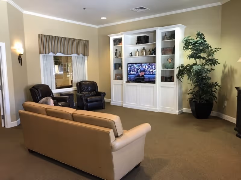 A cozy living room area with a beige sofa and two black leather armchairs facing a white entertainment center with a TV showing a sports game. There is a large potted plant to the right of the entertainment center and a window with striped valance on the left wall. The walls are painted light beige and the floor is carpeted.