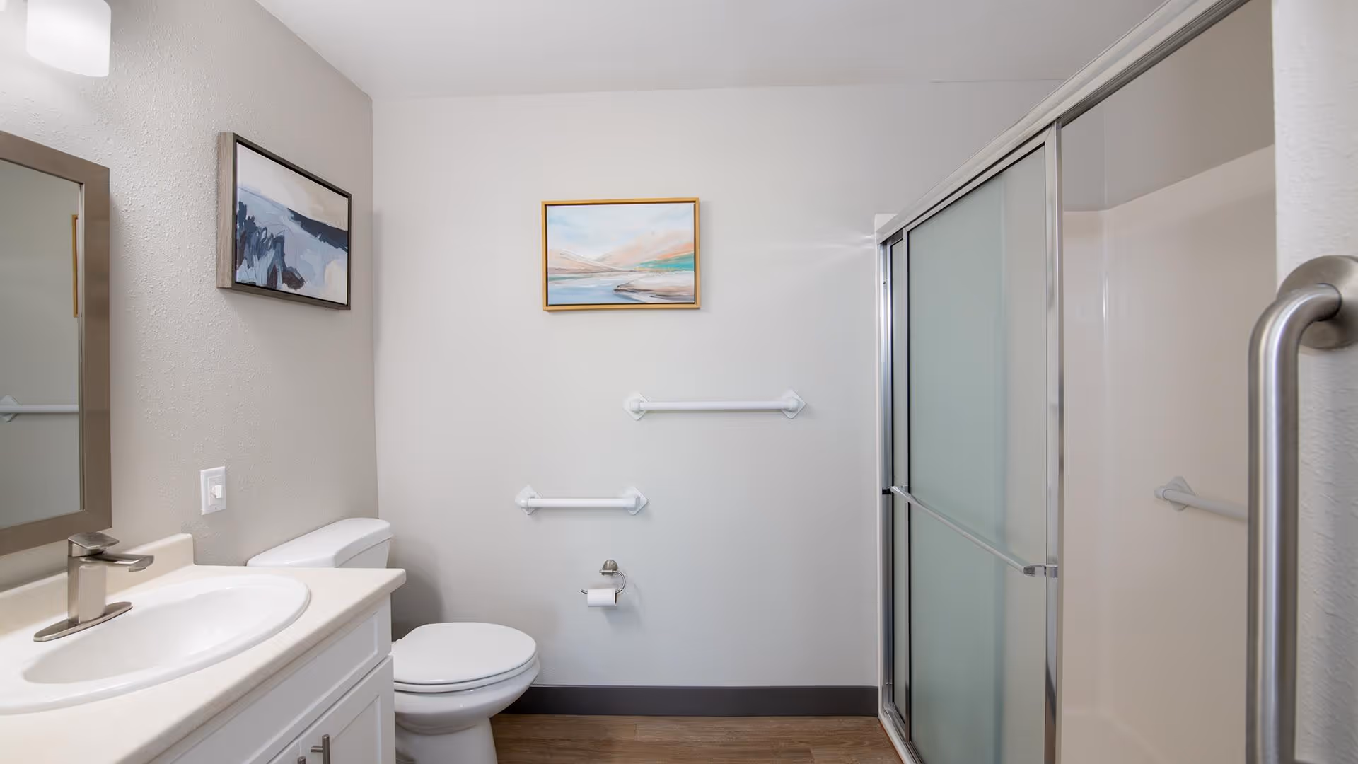 A clean and modern bathroom featuring a white sink with a silver faucet, a toilet, and a shower with sliding frosted glass doors. The walls are light-colored with two framed abstract paintings and several white grab bars for accessibility. The floor has a wood-like finish.