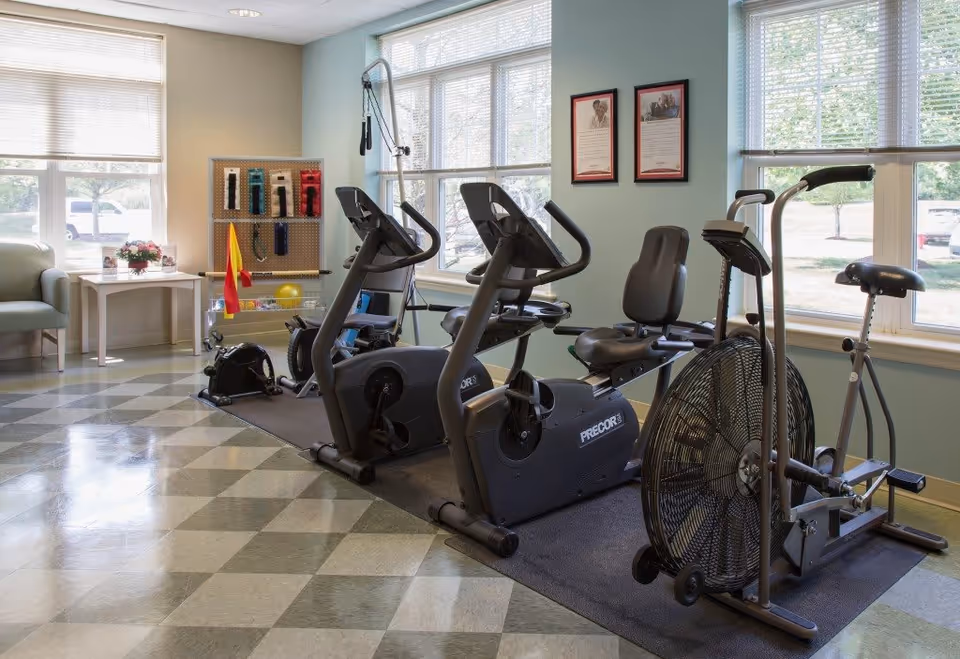 A small fitness room with exercise equipment including two stationary bikes, a recumbent bike, and an air resistance bike. The room has large windows letting in natural light, a small table with a flower arrangement, and a pegboard with resistance bands and other exercise accessories hanging on it.