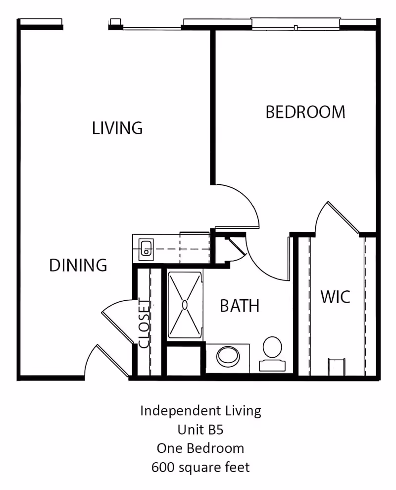 Floor plan of an independent living unit B5 at The Waterford at Fort Worth, showing one bedroom, living room, dining area, bathroom, walk-in closet (WIC), and closet, covering 600 square feet.