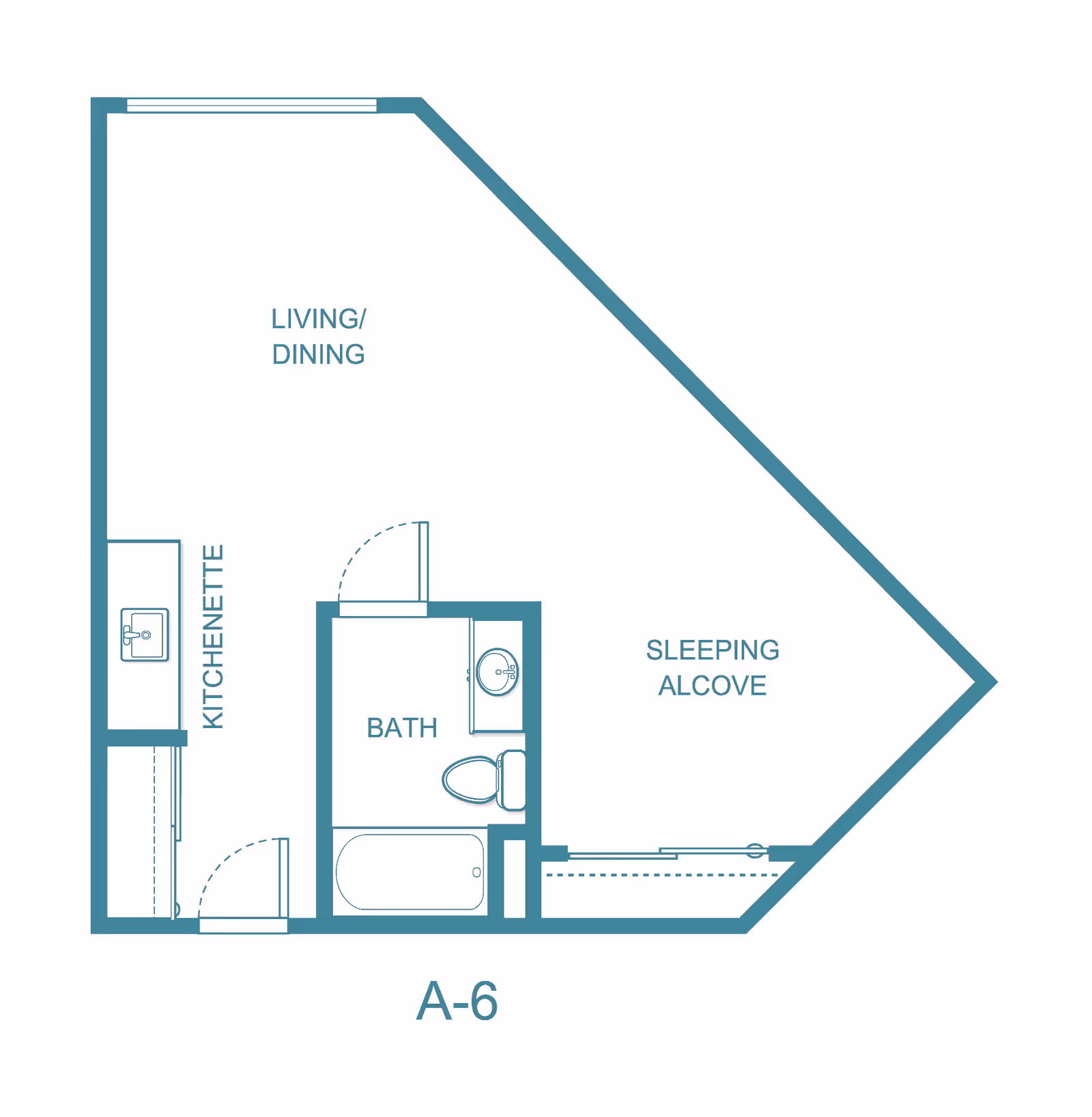 Architectural floor plan labeled A-6 showing a kitchenette, bath, living/dining area and a sleeping alcove.