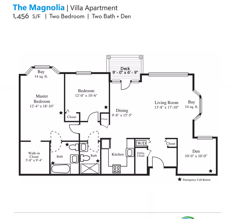 Floor plan of The Magnolia villa apartment at Evergreen Woods, showing a layout with two bedrooms, two bathrooms, a den, kitchen, dining area, living room, deck, walk-in closet, utility closet, and emergency call button locations.