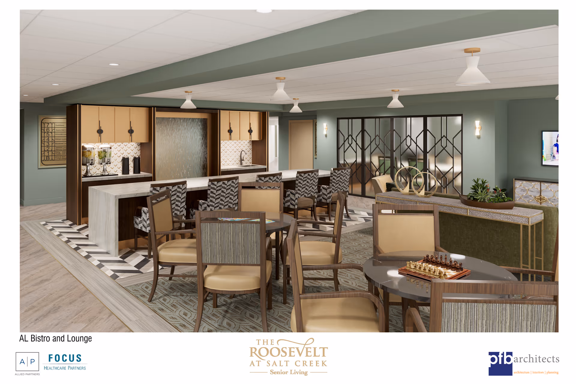 A bright, modern bistro and lounge with multiple dining tables and chairs, a long service counter, pendant lights, and decorative room dividers.