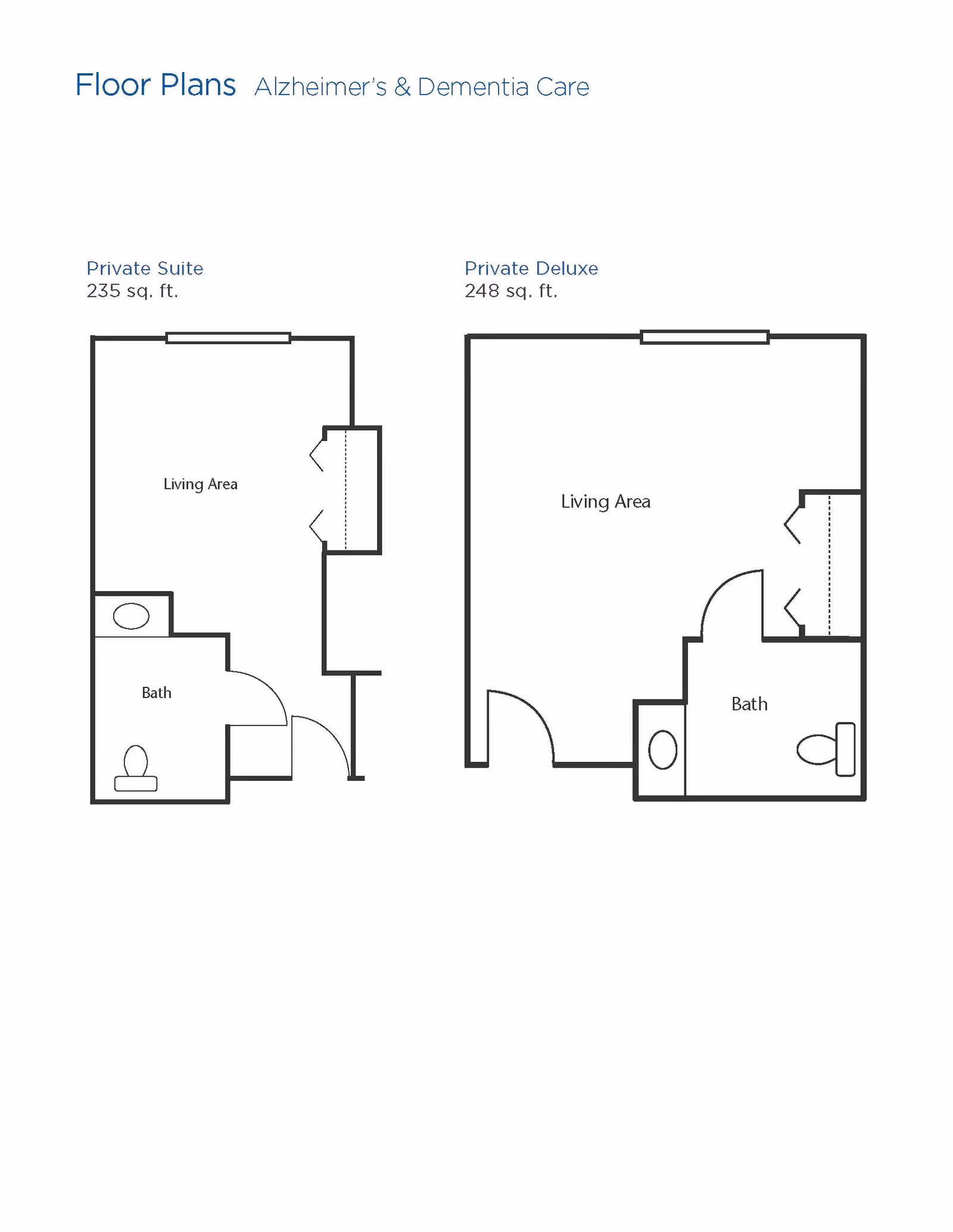 Floor plans for Alzheimer's and Dementia Care showing two layouts: Private Suite with 235 sq. ft. including a living area and bath, and Private Deluxe with 248 sq. ft. including a living area and bath.