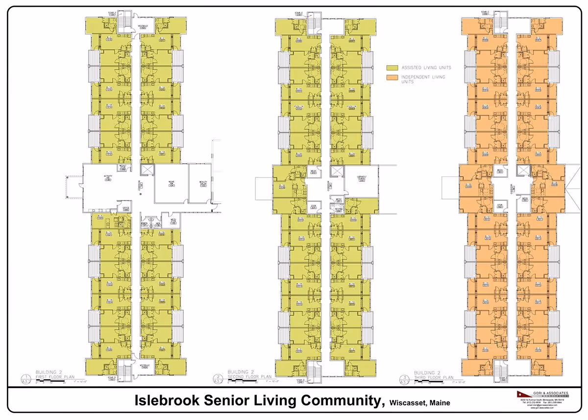 Architectural floor plans for Islebrook Senior Living Community in Wiscasset, Maine, showing three floors of Building 2. The plans highlight assisted living units in yellow and independent living units in orange, with detailed room layouts and common areas marked.