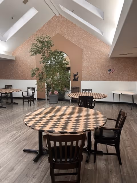 Dining room with round checkerboard-patterned tables and wooden chairs under a vaulted ceiling with skylights and a large potted plant.