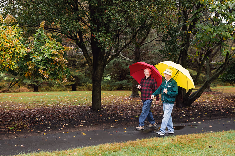 Two elderly men walking on a paved path in a park-like setting with trees and grass. One man is holding a red umbrella and wearing a red and black checkered shirt, while the other man is holding a yellow umbrella and wearing a green jacket and a yellow hat.