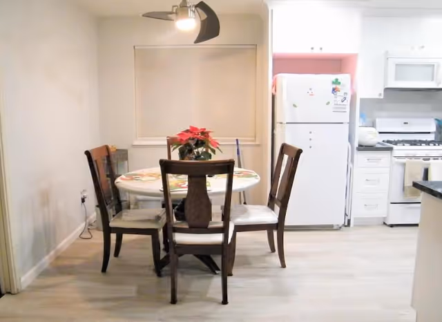Dining area with round table, four chairs, plant centerpiece, and white kitchen in background.