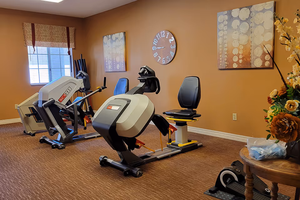 Indoor exercise room with two recumbent fitness machines, wall art and a clock, and a small table with flowers.