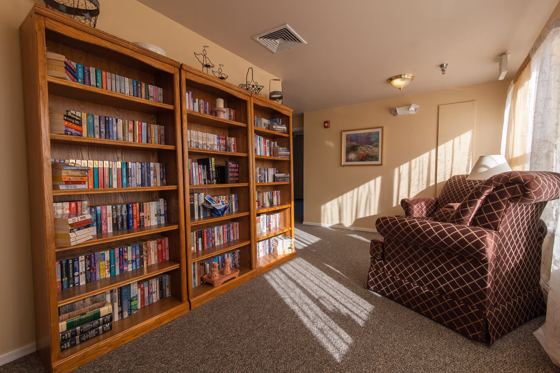 A cozy reading nook in a senior living facility featuring three wooden bookshelves filled with books, a patterned armchair with a matching pillow, a floor lamp, and a framed painting on the wall. Sunlight streams through sheer curtains, casting shadows on the carpeted floor.