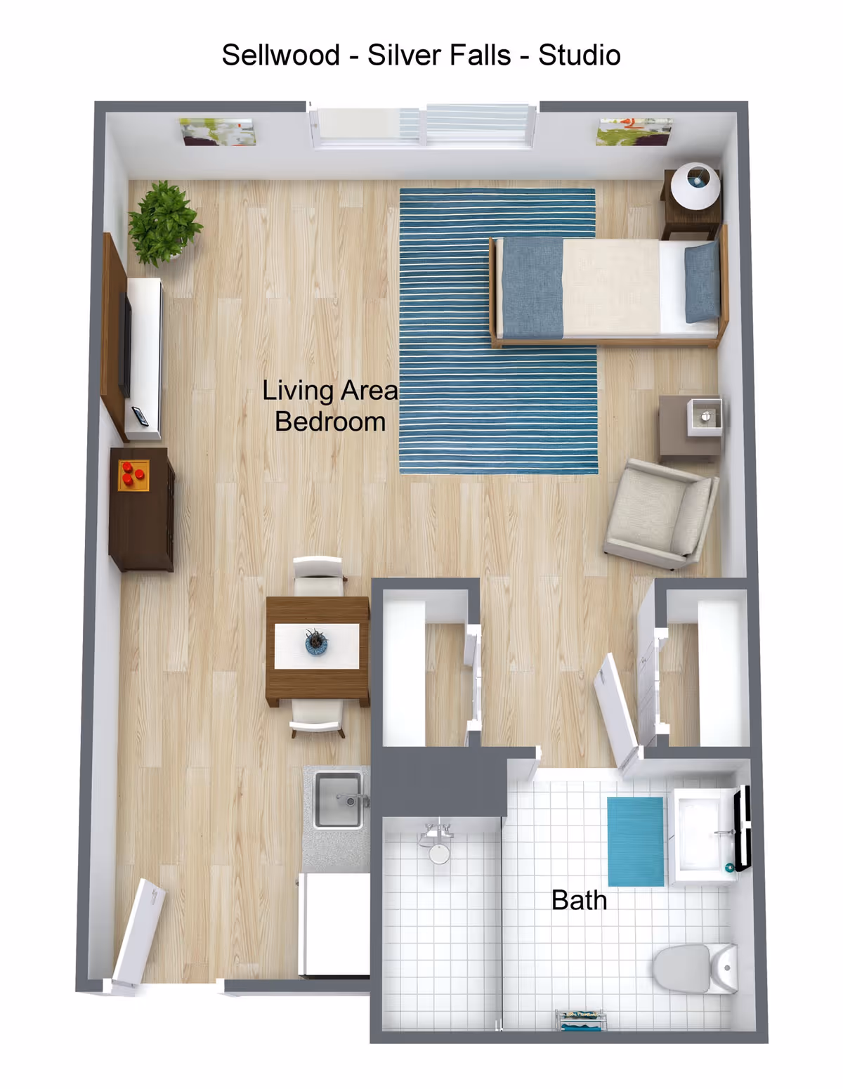3D floor plan of a studio apartment at Sellwood Senior Living named Silver Falls. The layout includes a combined living area and bedroom with a bed, armchair, side table, TV, and dining table with two chairs. The kitchen area has a sink and refrigerator. The bathroom contains a shower, toilet, sink, and a blue bath mat.