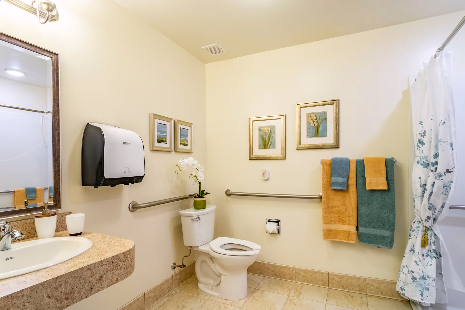 A clean and accessible bathroom with a toilet, a sink with a countertop, a large mirror, and a shower with a floral-patterned curtain. There are grab bars on the walls near the toilet and shower. Two framed pictures hang on the wall above the toilet, and two towels, one orange and one teal, hang on a towel rack. A white paper towel dispenser is mounted on the wall next to the sink, and a small potted orchid sits on the toilet tank.