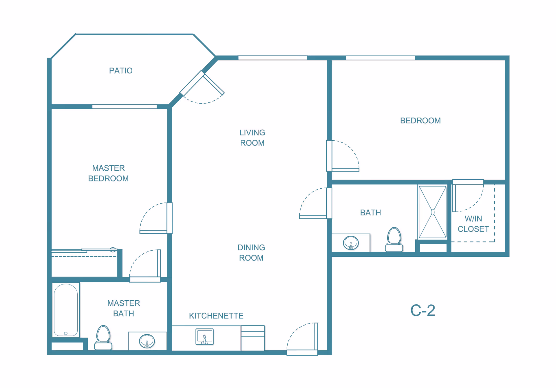 Floor plan layout of an apartment unit labeled C-2 at Asher Point Independent Living of Montgomery, showing a master bedroom with master bath, a second bedroom with walk-in closet, a bath, a kitchenette, a combined living and dining room area, and a patio.