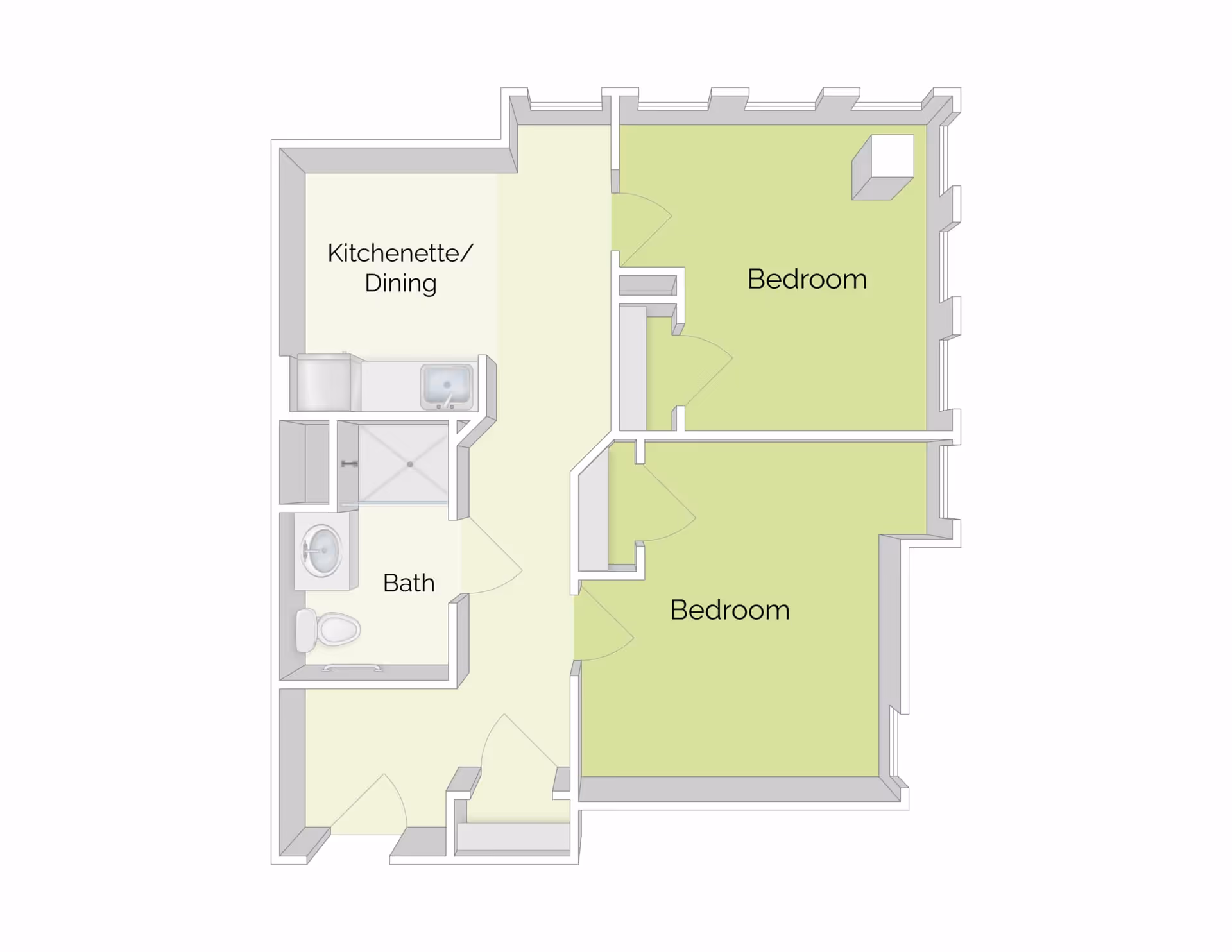 Floor plan diagram showing two bedrooms, a kitchenette/dining area, and a bathroom.
