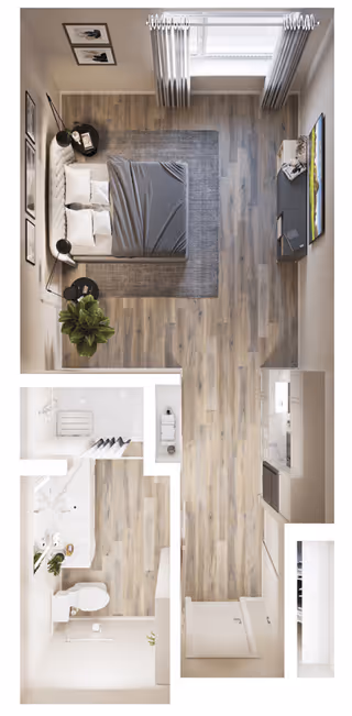 Top-down view of a senior living studio apartment layout featuring a bedroom area with a bed, pillows, side tables, a plant, and wall art. The room has wood flooring and a large window with curtains. Adjacent to the bedroom is a kitchen area with cabinets, a sink, and appliances. There is also a bathroom with a toilet, sink, and shower.