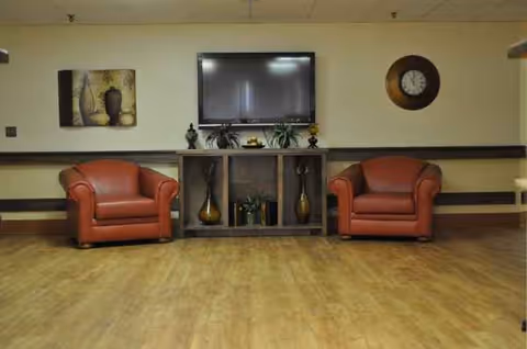 Two red armchairs flank a console with a TV, clock, and plants indoors.