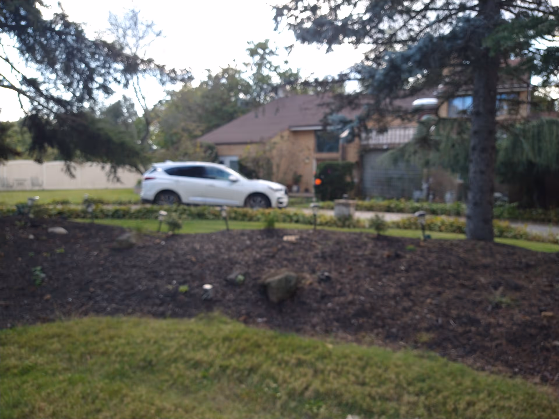 View of a house front with a white SUV parked on the driveway, lawn and trees in the foreground.