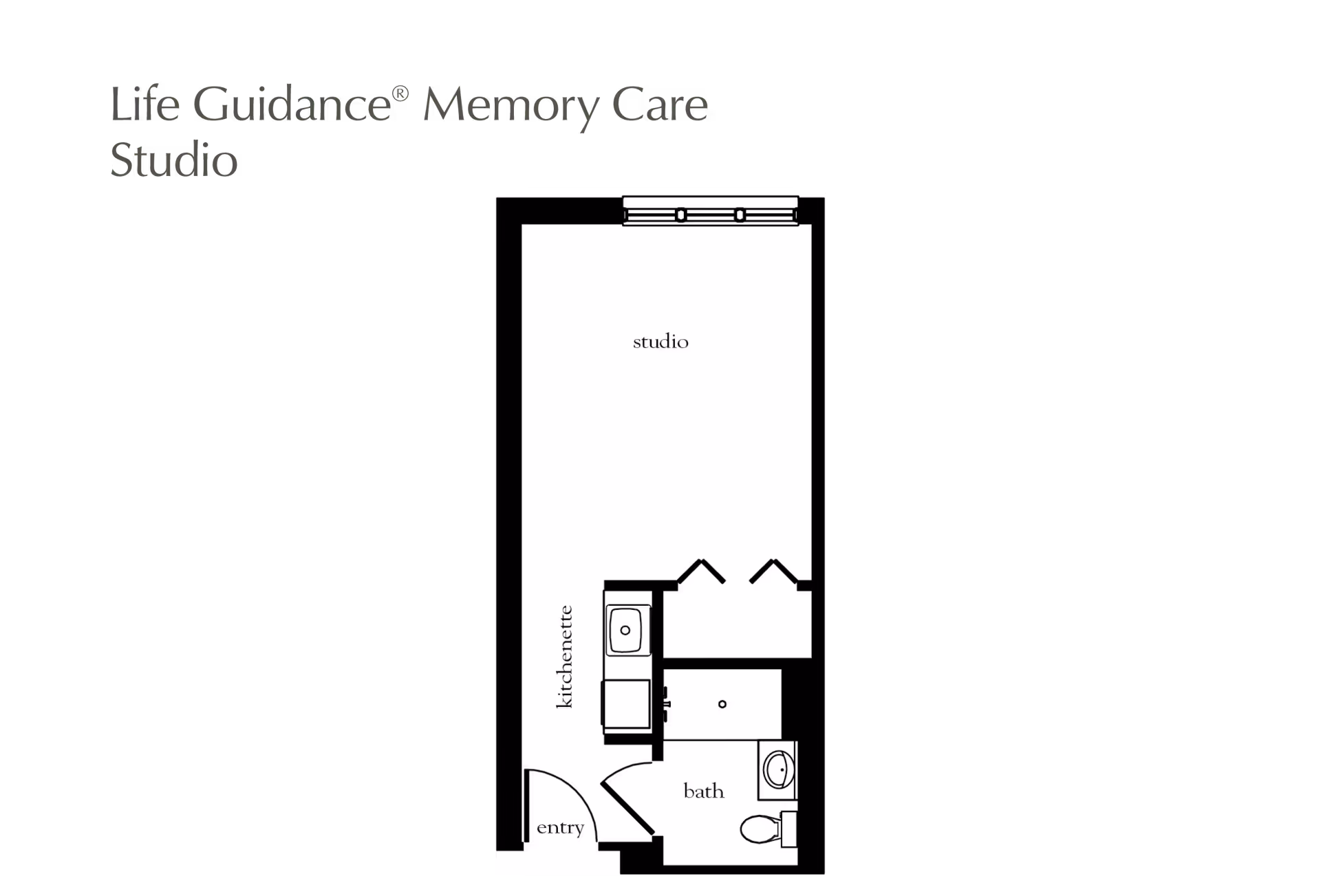 Floor plan layout of a Life Guidance Memory Care studio apartment showing an entry, kitchenette, bath, and studio area.