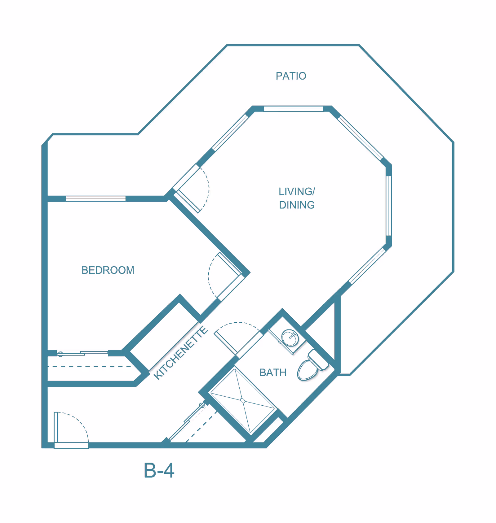 Floor plan layout of a unit labeled B-4 at The El Dorado - Sky Active Living, showing a bedroom, kitchenette, bath, living/dining area, and a surrounding patio.