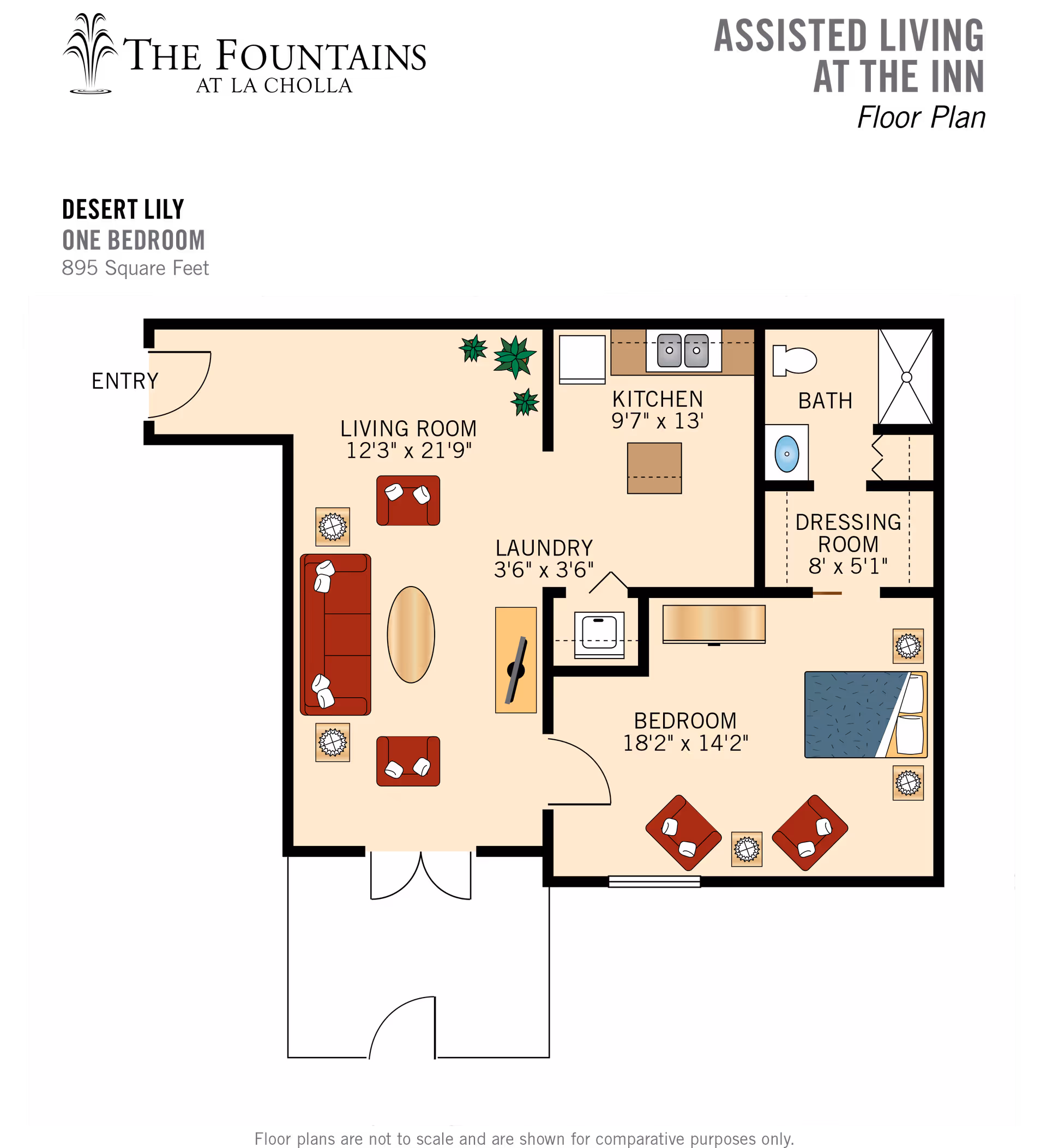 One-bedroom floor plan showing a living room, kitchen, laundry, bedroom with dressing room, and a bathroom.