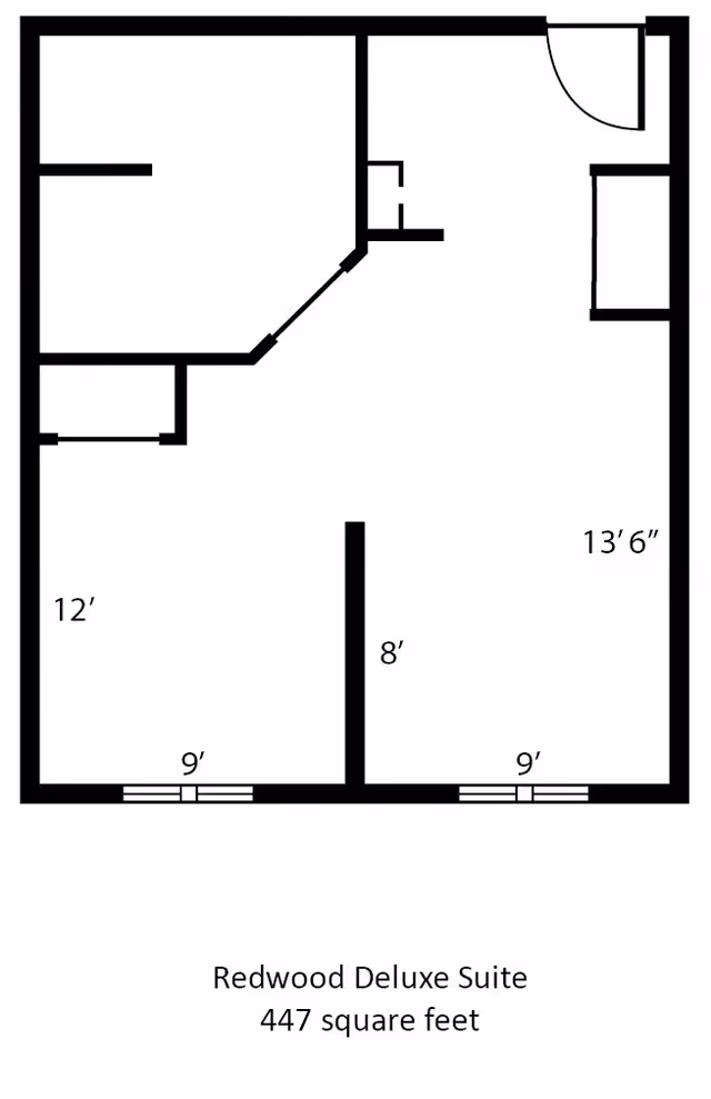 Floor plan layout of the Redwood Deluxe Suite at The Waterford at Colby, showing room dimensions and arrangement within 447 square feet.