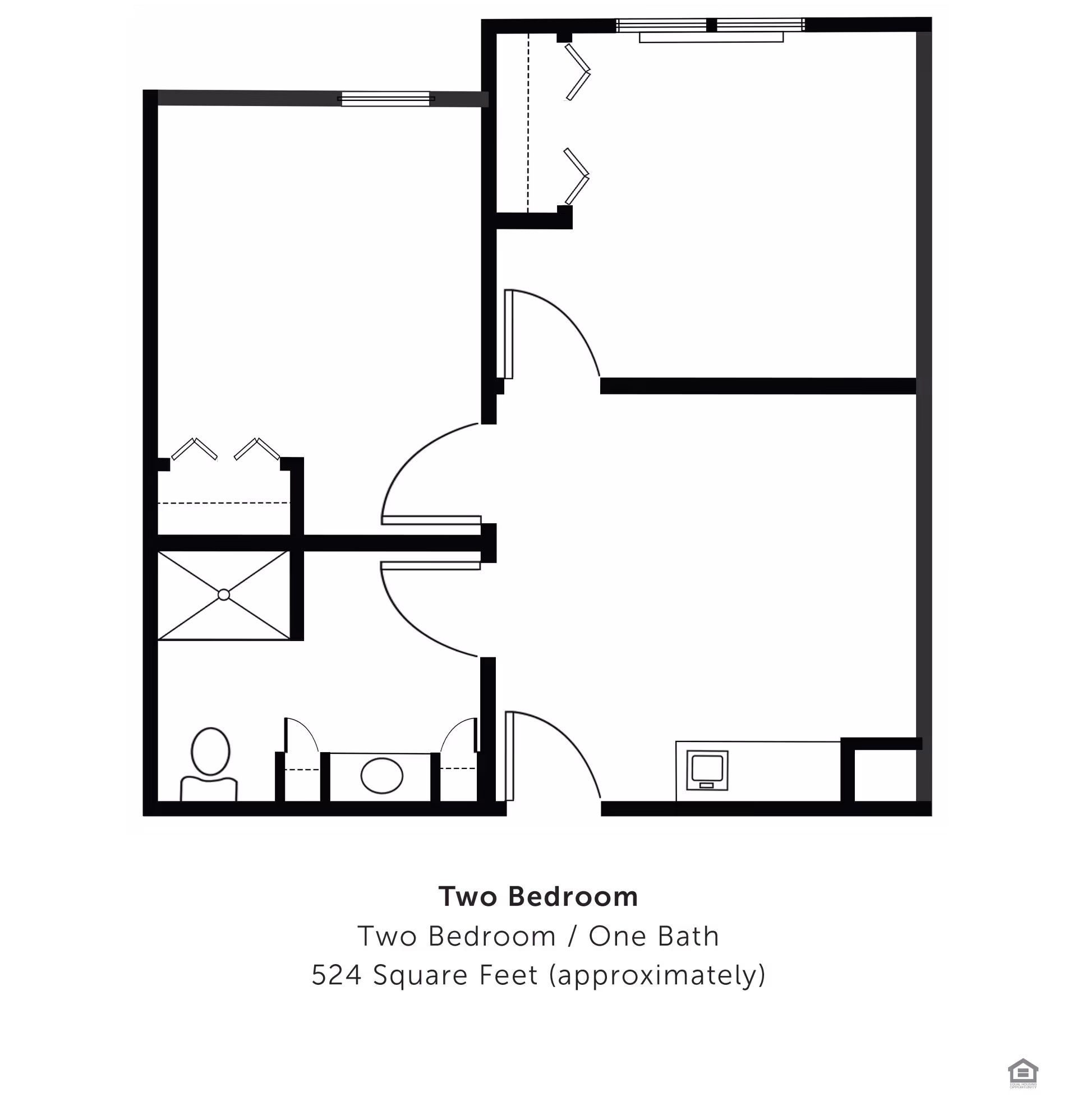 Floor plan layout of a two-bedroom, one-bath apartment with approximately 524 square feet. The plan shows two bedrooms, a bathroom with a toilet and sink, and a living area with a small kitchen section.