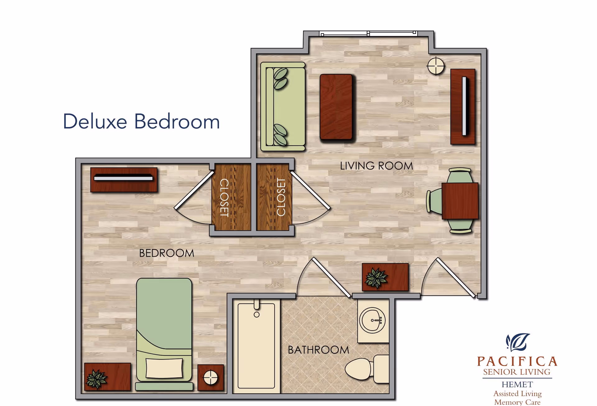 Floor plan of a deluxe bedroom unit at Cottages at Hemet showing a bedroom with a bed, two closets, a bathroom with a bathtub, toilet, and sink, and a living room with a sofa, coffee table, dining table with chairs, and additional furniture.
