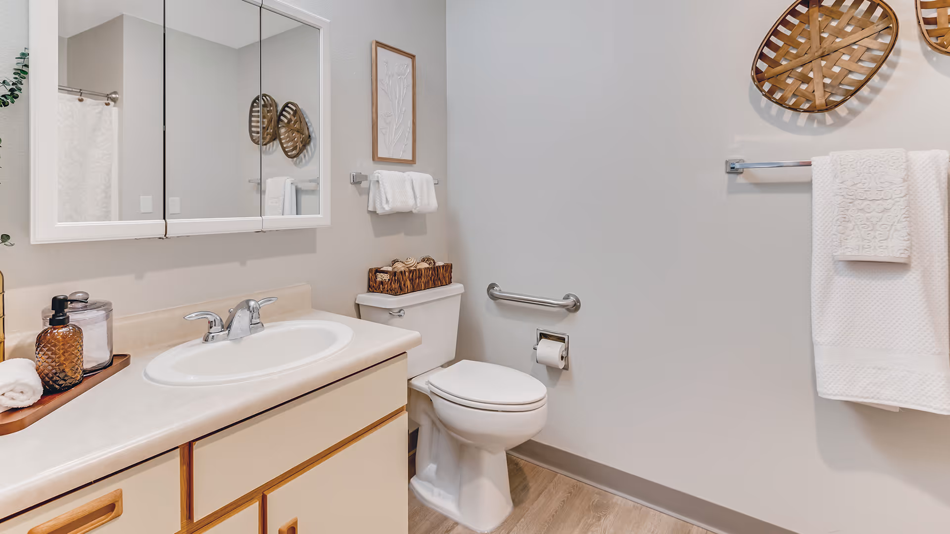 Clean, well-lit bathroom with a sink and vanity, mirrored cabinet, toilet, towel racks, and decorative wall baskets.