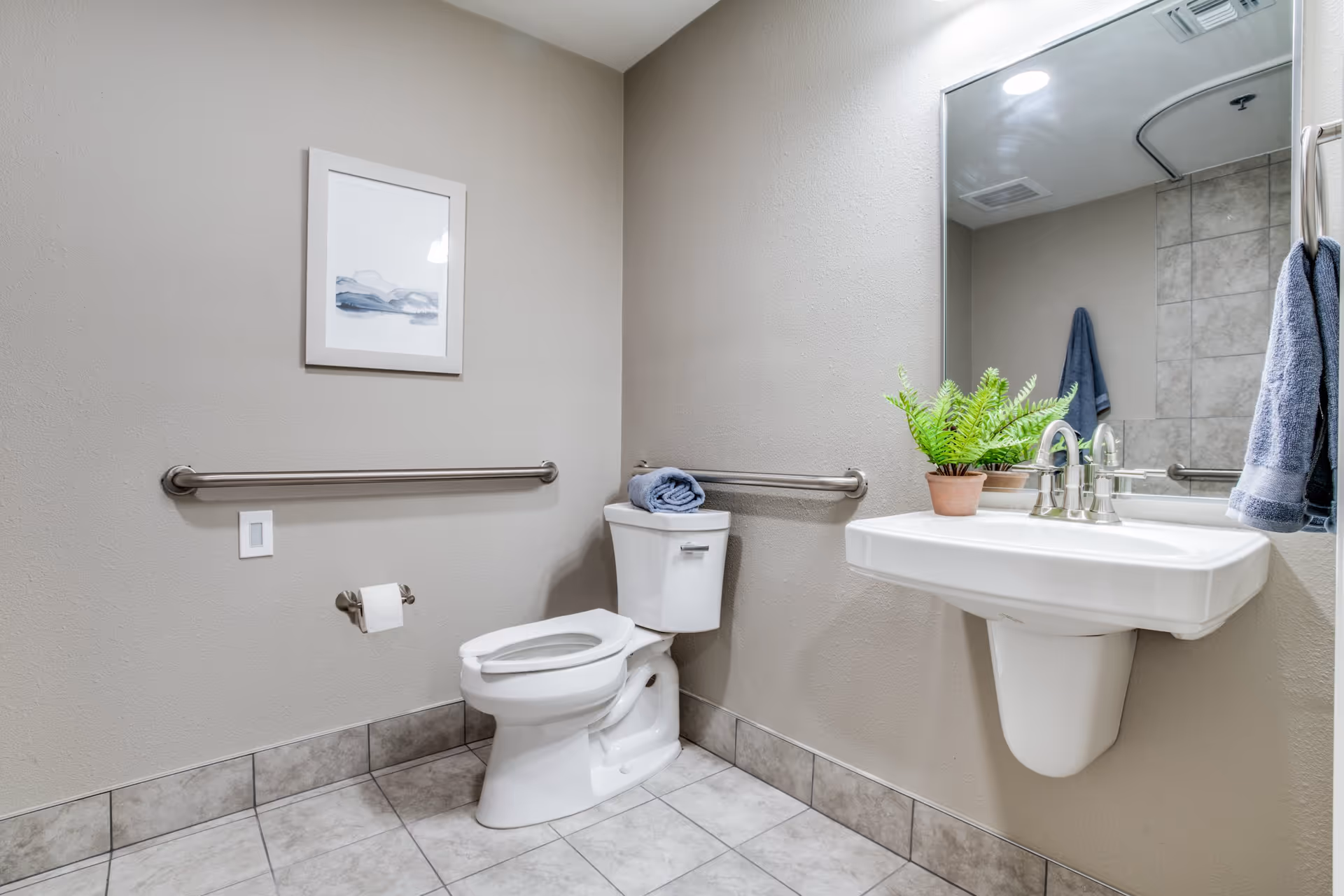 A clean and accessible bathroom with beige walls and tiled floor. The room features a white toilet with a folded blue towel on the tank, a white wall-mounted sink with a potted green plant on it, a large mirror above the sink, and stainless steel grab bars on the walls. A framed picture hangs on the wall above the toilet, and a blue towel is hanging on a hook near the sink.
