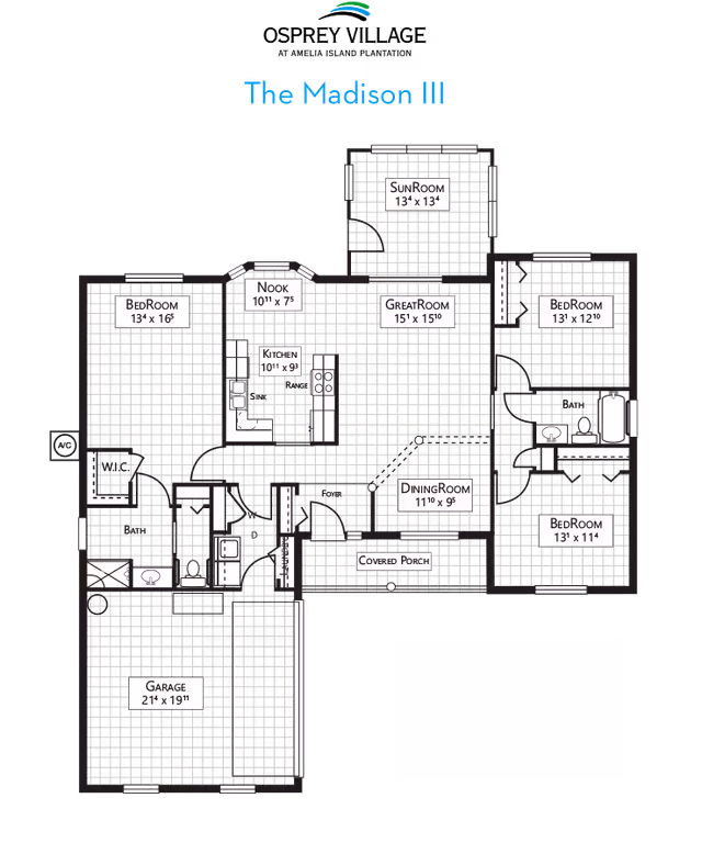 Black-and-white labeled floor plan titled 'The Madison III' showing bedrooms, kitchen, great room, dining room, sunroom, garage and covered porch.