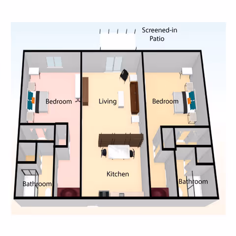 3D floor plan of a senior living unit showing two bedrooms, two bathrooms, a combined living and kitchen area, and a screened-in patio. Each bedroom has a bed and nightstands. The living area has a sofa and chairs, and the kitchen area has a dining table with chairs.