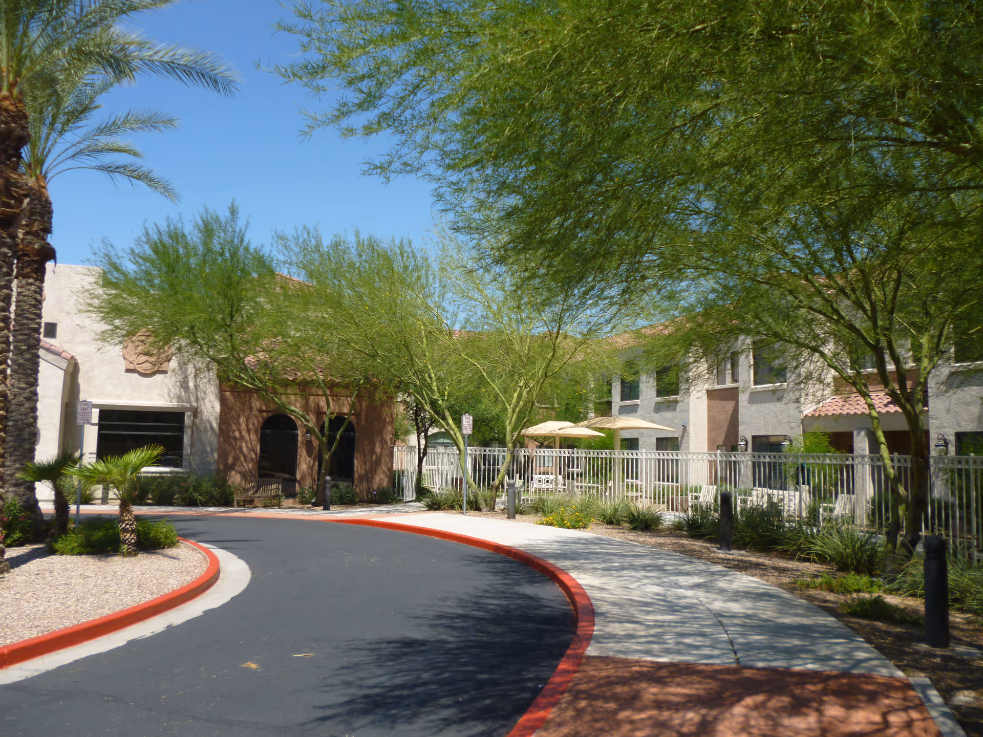 Curved driveway leading to the entrance of a senior living facility building with desert landscaping including palm trees and green shrubs under a clear blue sky.