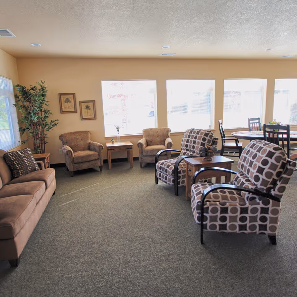 A bright and cozy living room area with multiple armchairs and a sofa arranged around small wooden tables. The room has large windows letting in natural light, beige walls, and carpeted flooring. There are framed pictures on the wall and a tall green plant in the corner. In the background, a round dining table with chairs is visible near the windows.