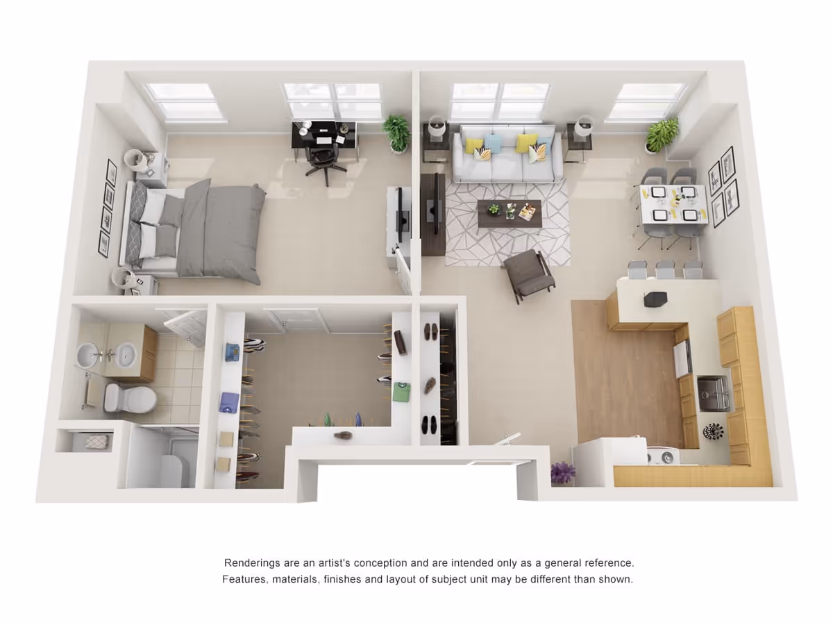 3D floor plan of a one-bedroom apartment featuring a bedroom with a bed, nightstands, and a desk; a bathroom with a sink, toilet, and shower; a walk-in closet with hanging clothes and shelves; a living room with a sofa, armchair, coffee table, TV, and plants; a dining area with a table and four chairs; and a kitchen with wooden cabinets, a sink, stove, and refrigerator.