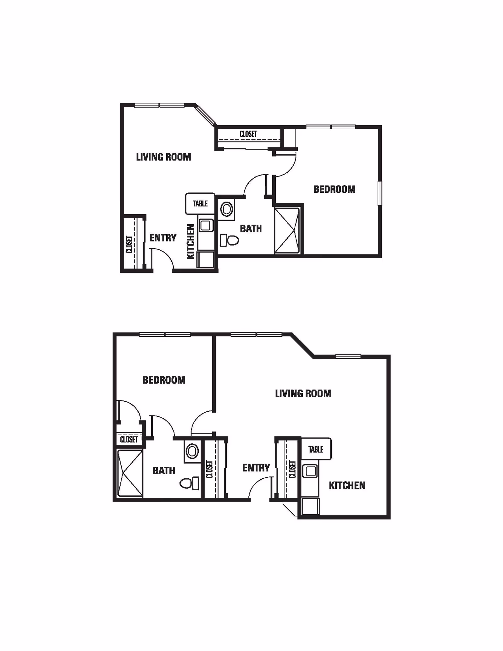 Two black and white architectural floor plans showing layouts with labeled rooms including living room, bedroom, kitchen, bath, entry, closets, and tables.
