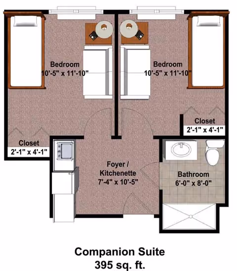 Floor plan of a companion suite at Bloom at German Church showing two bedrooms each with a bed, nightstand, and closet. The suite includes a foyer/kitchenette area and a bathroom with a sink, toilet, and shower. The total area is 395 square feet.