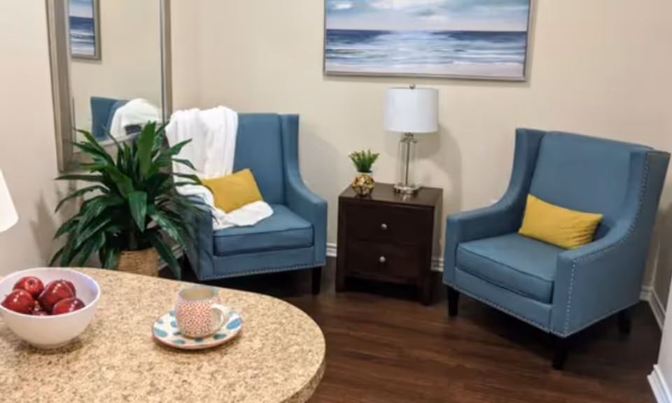 A cozy seating area with two blue armchairs each with a yellow pillow, a small dark wooden side table with a lamp and a small plant, a large green potted plant, a wall mirror, and a framed ocean painting. In the foreground, there is a granite countertop with a bowl of red apples and a cup on a saucer.