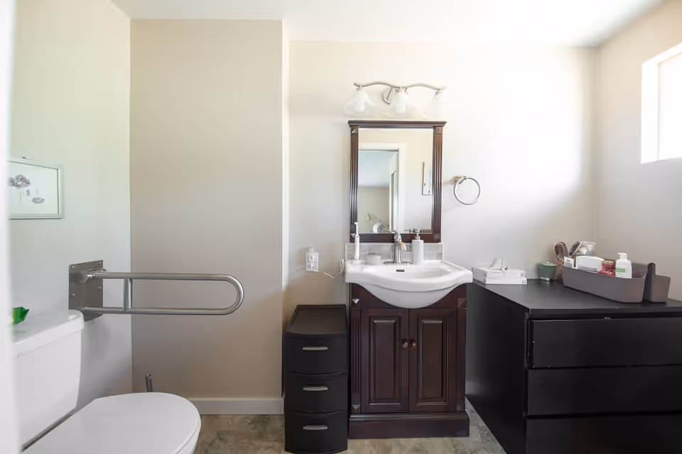 A clean bathroom with a white toilet equipped with a metal safety grab bar, a dark wooden vanity with a white sink and mirror above it, a small black drawer unit beside the vanity, and a black dresser with various toiletries on top. The room has light-colored walls and a small window letting in natural light.