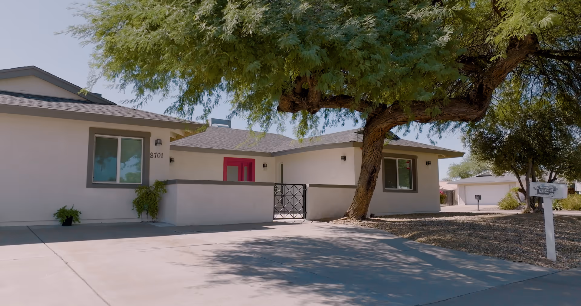 Single-story light-colored building with a bright pink front door, large shady tree, and a paved driveway.