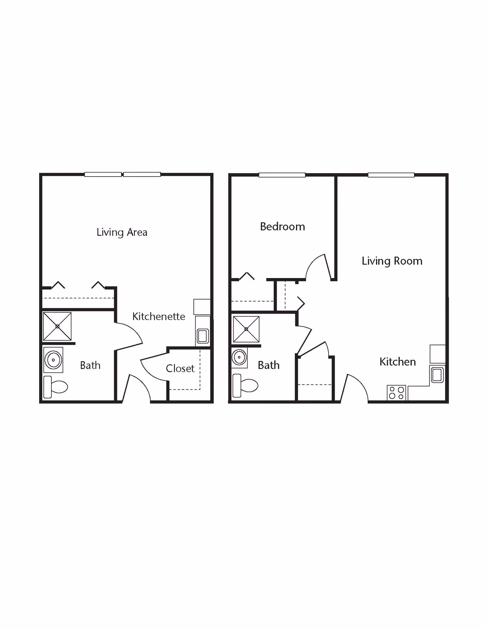 Architectural floor plan showing two apartment layouts. The left layout includes a living area, kitchenette, bath, and closet. The right layout includes a bedroom, living room, kitchen, bath, and closet.