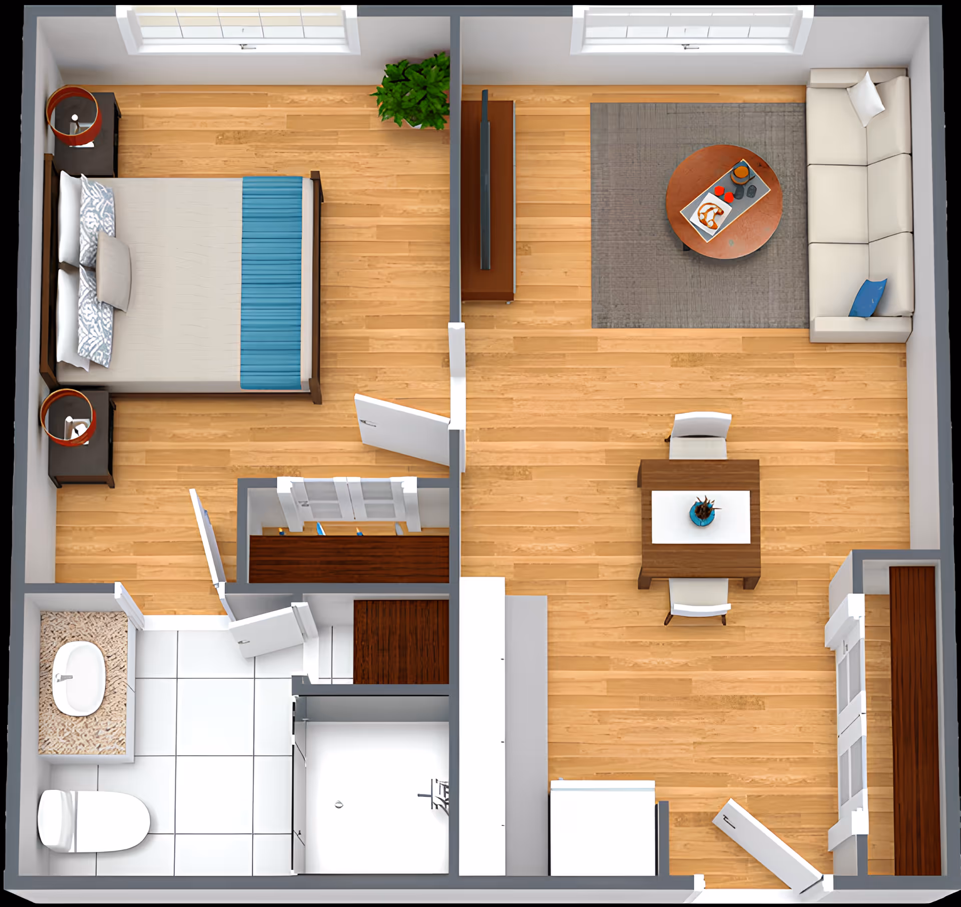 Top-down view of a small apartment layout showing a bedroom with a bed, two nightstands with lamps, and a plant. Adjacent to the bedroom is a bathroom with a toilet, sink, and shower. The living area includes a sofa, coffee table with snacks, a TV on a stand, and a small dining table with two chairs. The flooring is wood in the living and bedroom areas and tile in the bathroom.