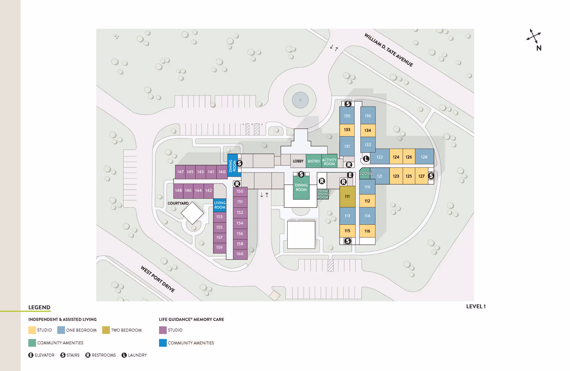 Floor plan of Atria Grapevine senior living facility showing layout of independent and assisted living units, life guidance memory care studios, community amenities including dining rooms, bistro, activity room, lounge, courtyard, and labeled elevators, stairs, restrooms, and laundry areas.