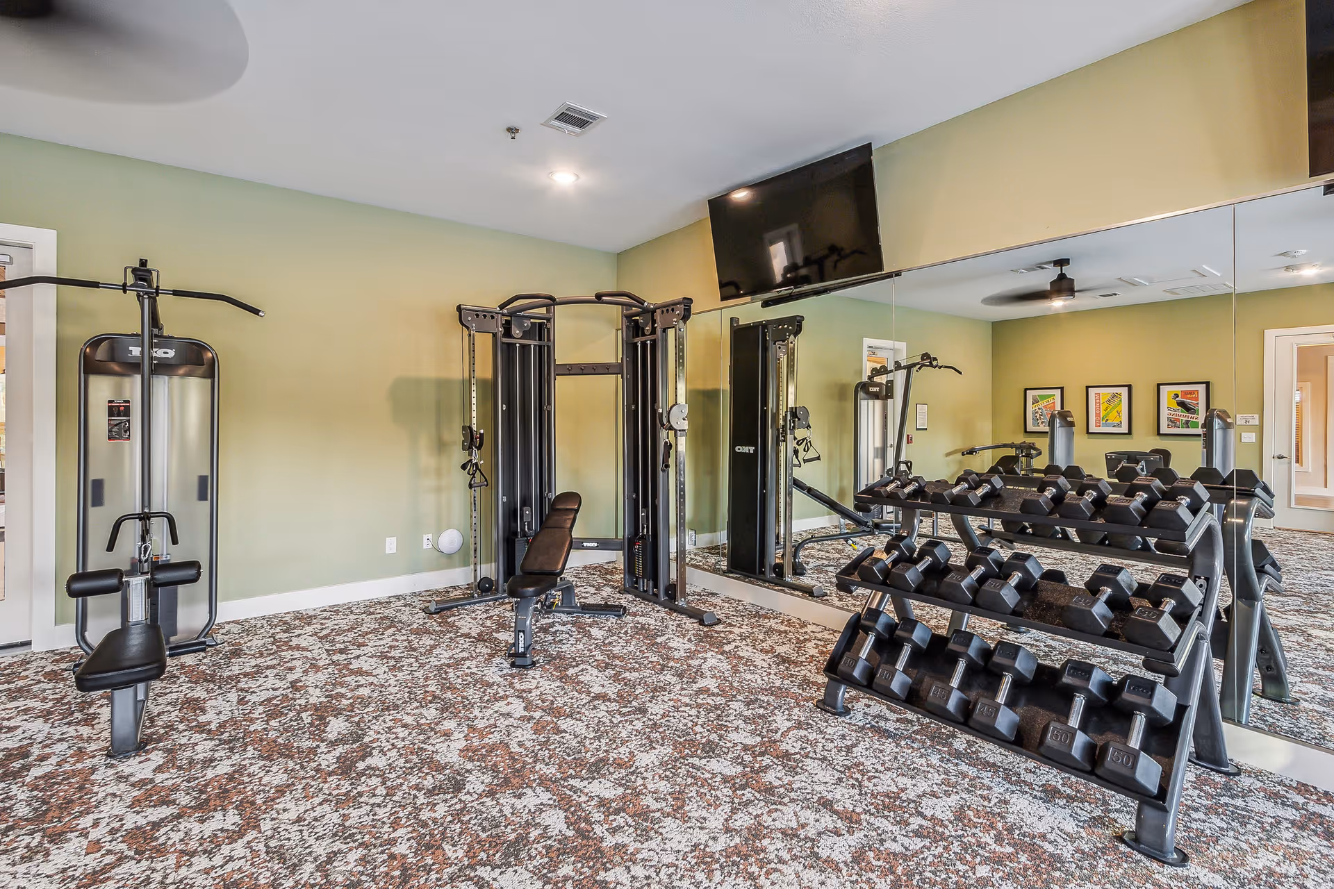 A fitness room with various exercise equipment including a weight machine, a multi-functional workout station, and a rack of dumbbells. The room has a patterned carpet, light green walls, a large mirror on one wall, and a flat-screen TV mounted above the mirror.
